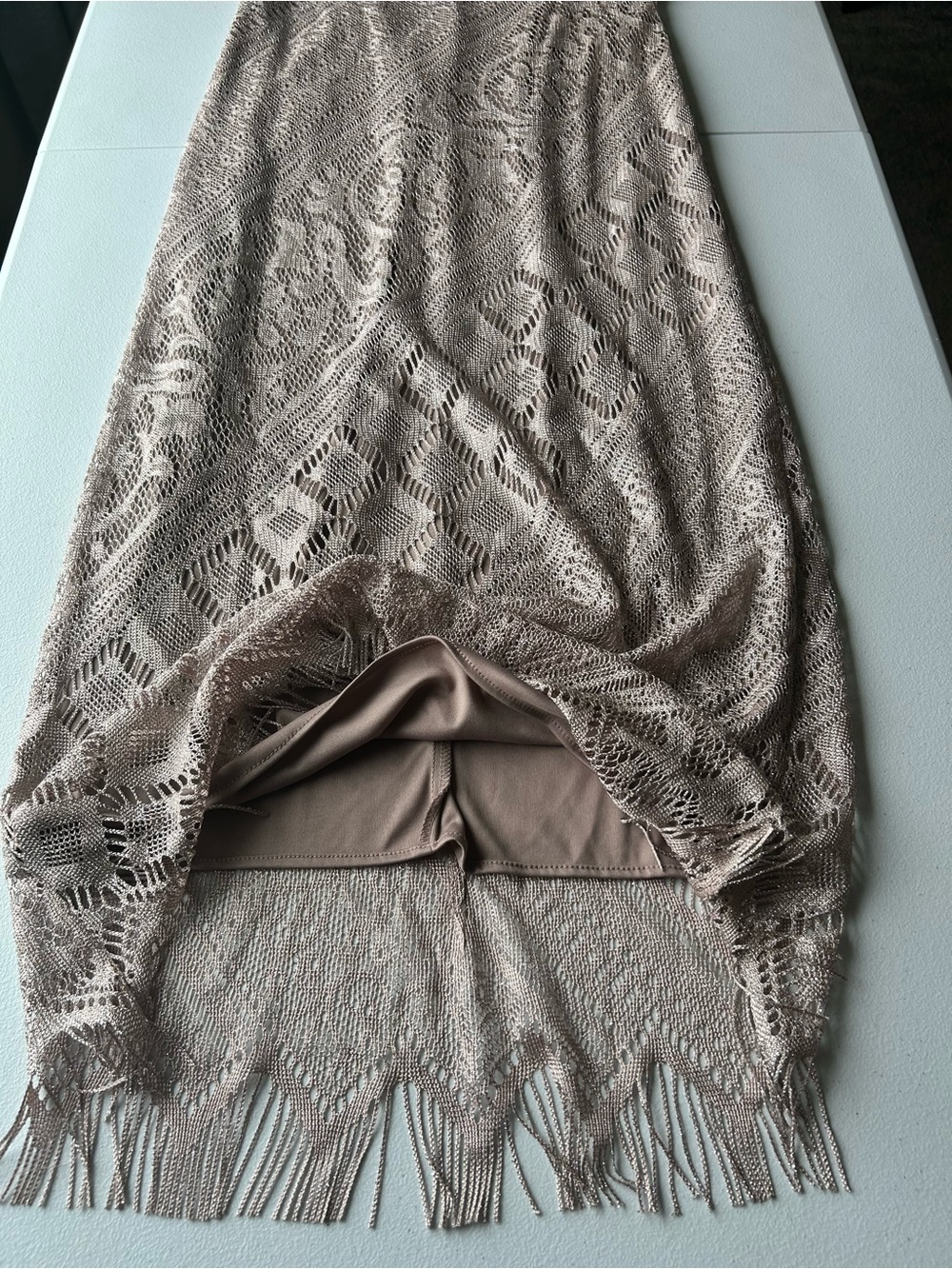 Vintage 90s S.L. Fashions Metallic Crochet Lace & Chiffon Cape 2-Piece Dress Set - Picture 14 of 15
